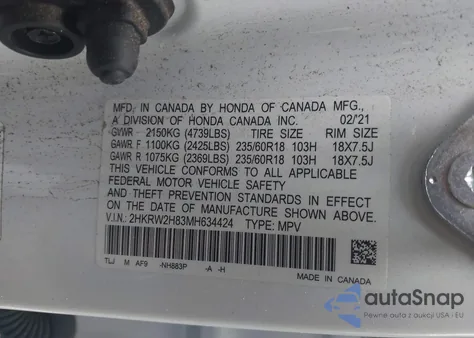 2021 Honda Cr-V Awd Ex-L from USA, damaged, VIN 2HKRW2H83MH634424
